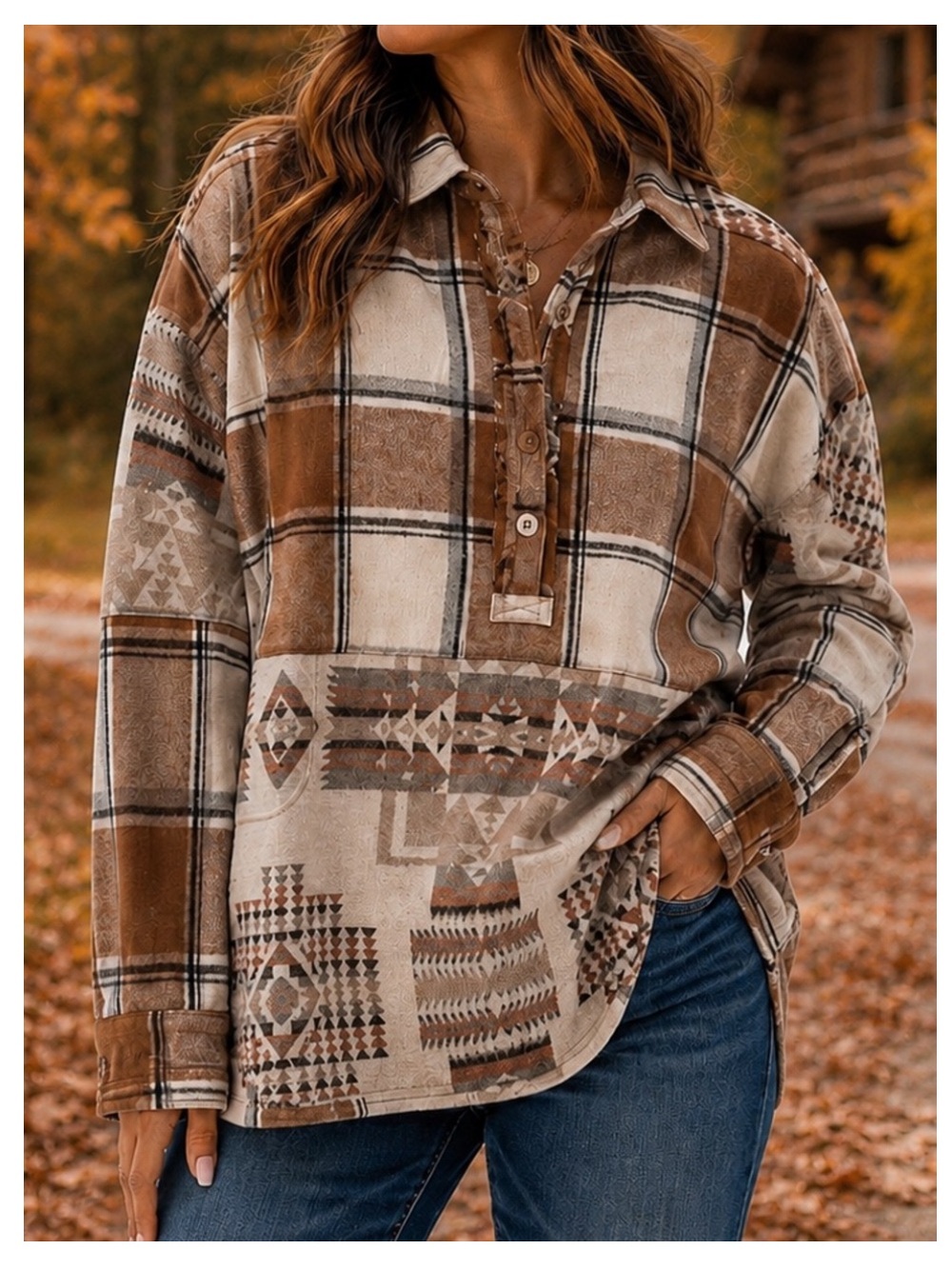 🟤NWT SAGE + FIG “Shacket” Jacket w/Southwest-Inspired Print in Brown/Ivory SMALL